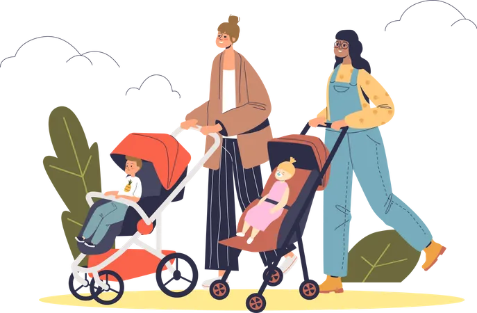 Dos madres caminando con bebés en cochecitos.  Ilustración
