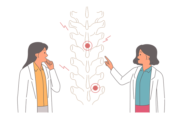 Dos médicos examinan una columna vertebral lesionada  Ilustración