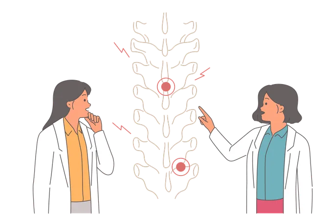 Dos médicos examinan una columna vertebral lesionada  Ilustración