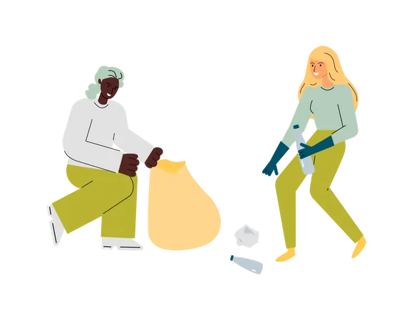 Dos mujeres voluntarias poniendo basura en bolsas de basura  Ilustración