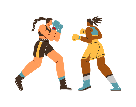 Dos mujeres boxeadoras peleando  Ilustración