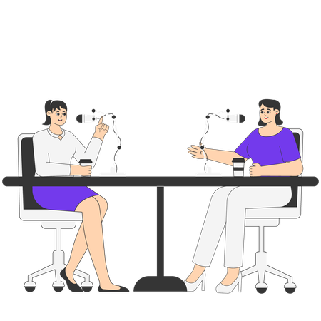 Dos mujeres conversando en un podcast  Ilustración