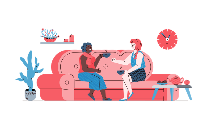 Dos mujeres comunicándose sentadas en un sofá en un ambiente agradable y cómodo  Ilustración