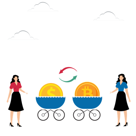 Dos mujeres de negocios intercambian monedas  Ilustración