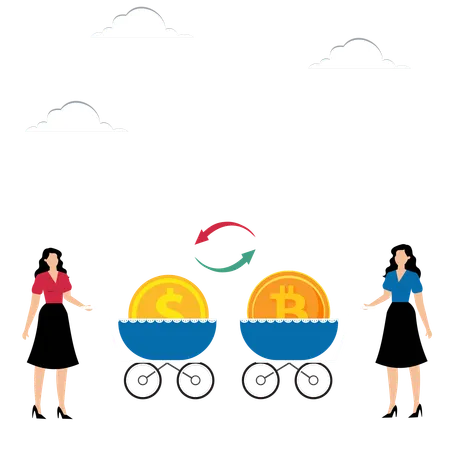 Dos mujeres de negocios intercambian monedas  Ilustración