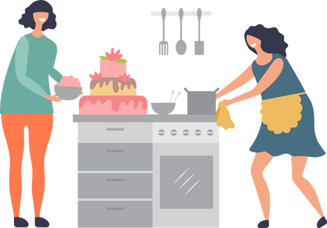 Dos mujeres haciendo pastel en la cocina  Ilustración