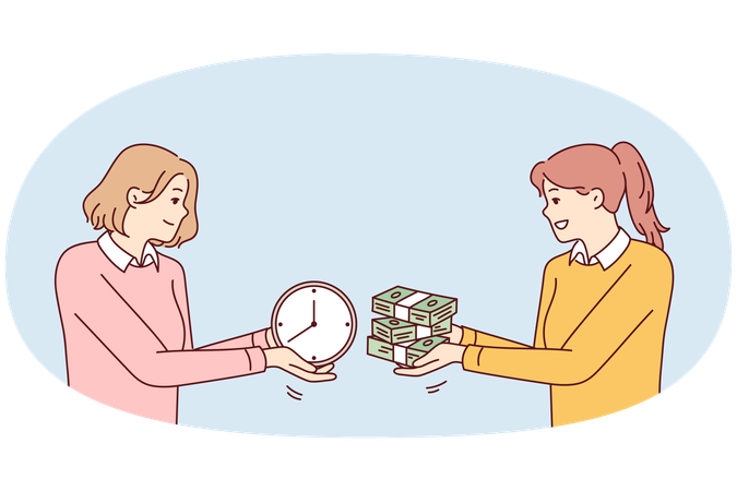 Dos mujeres intercambian fajos de billetes y relojes, simbolizando la compra de tiempo libre.  Ilustración