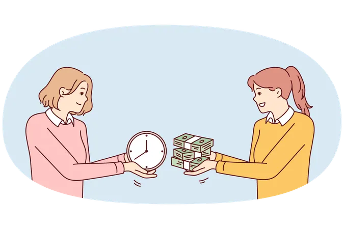 Dos mujeres intercambian fajos de billetes y relojes, simbolizando la compra de tiempo libre.  Ilustración