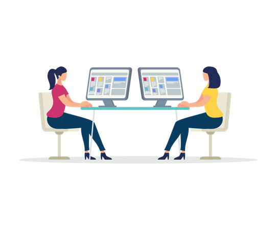 Dos mujeres jóvenes trabajando en computadoras  Ilustración