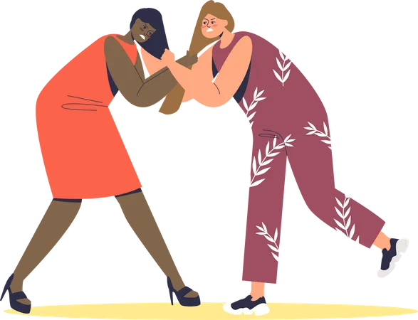Dos mujeres peleando y tirando del pelo.  Ilustración
