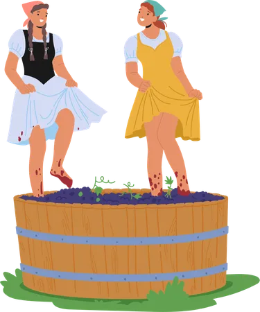 Dos mujeres pisan uvas en un barril de madera  Ilustración