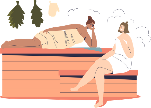 Dos mujeres se relajan en la sauna o banya usando toallas y tumbadas en bancos de madera disfrutan de un chorro de agua caliente  Ilustración