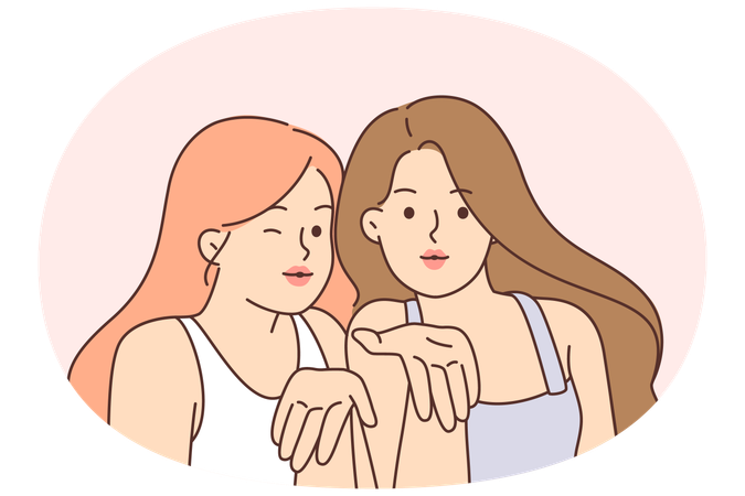 Dos mujeres seductoras se lanzan besos y miran la pantalla.  Ilustración
