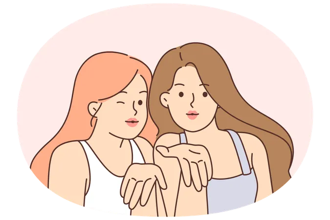 Dos mujeres seductoras se lanzan besos y miran la pantalla.  Ilustración