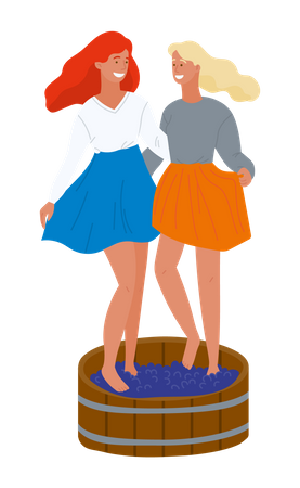 Dos niñas triturando uvas con los pies  Ilustración