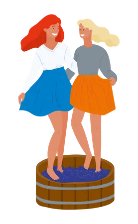 Dos niñas triturando uvas con los pies  Ilustración
