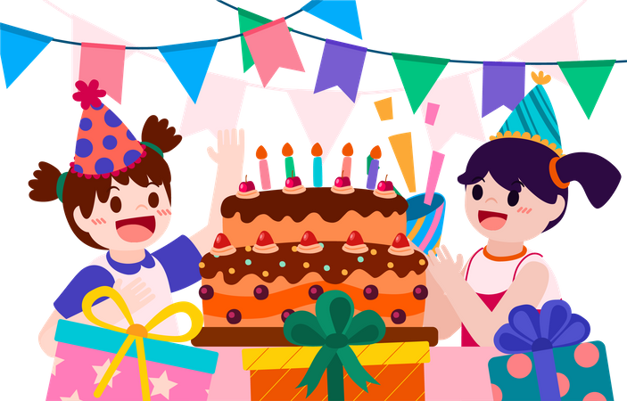 Dos niñas celebrando su cumpleaños juntas  Ilustración