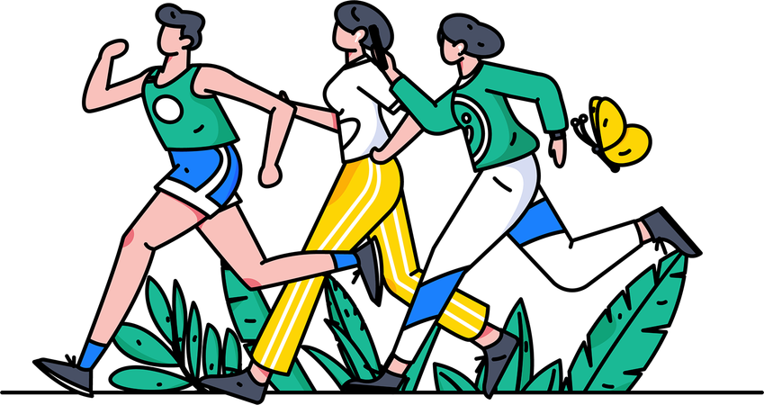 Dos niñas corriendo con un niño en el parque  Ilustración