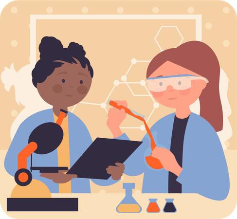 Dos chicas haciendo experimento químico  Ilustración