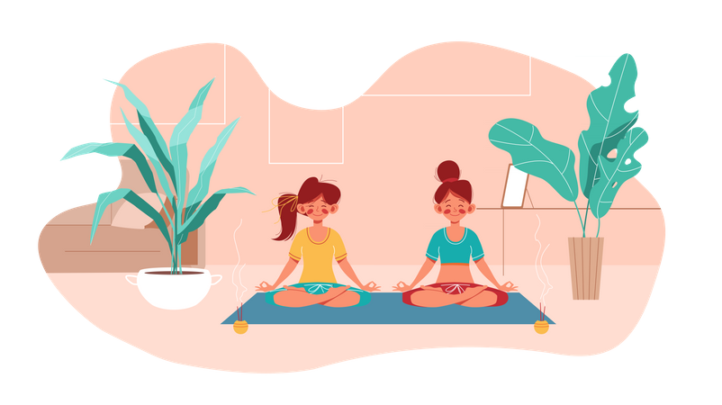 Dos chicas haciendo yoga en postura de loto  Ilustración