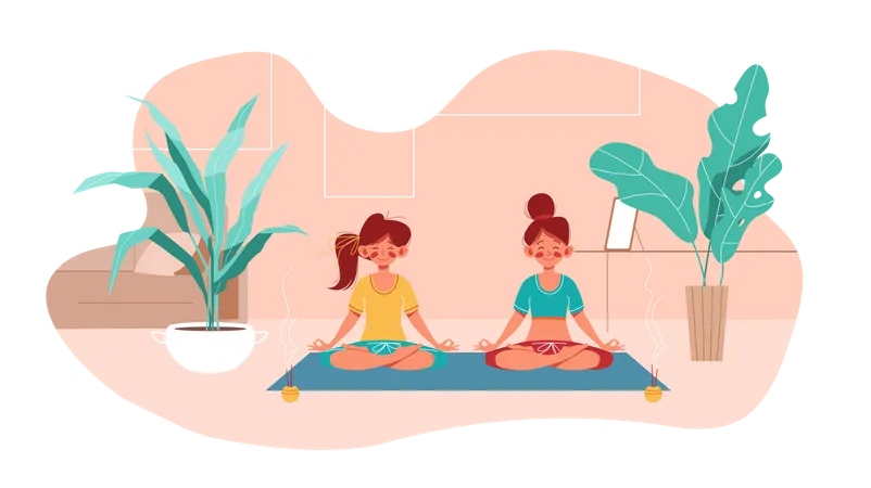 Dos chicas haciendo yoga en postura de loto  Ilustración