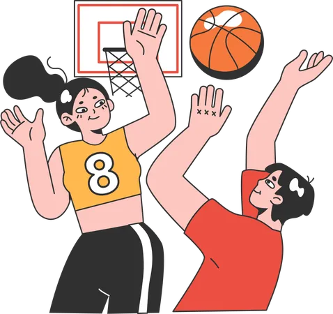 Dos niñas jugando baloncesto  Ilustración