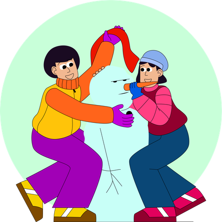 Dos niños construyen alegremente un muñeco de nieve.  Ilustración