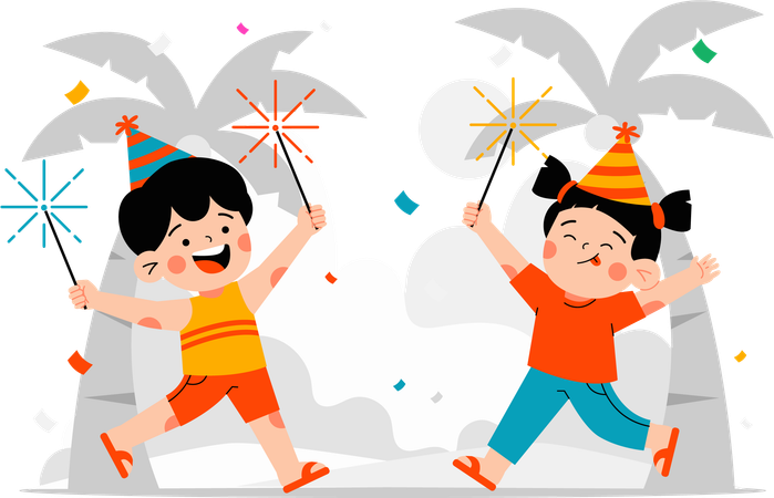 Dos niños celebrando jugando con fuegos artificiales  Ilustración