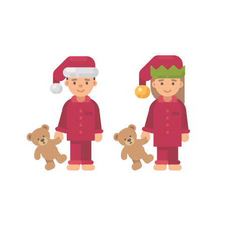 Dos niños con gorros navideños y pijamas rojos sosteniendo osos de peluche  Ilustración