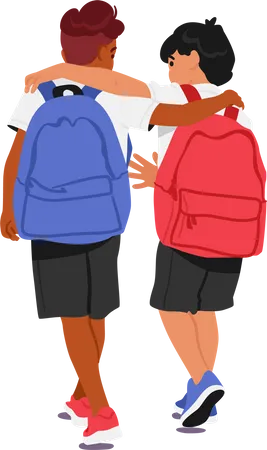 Dos niños con mochilas caminando a la escuela  Ilustración