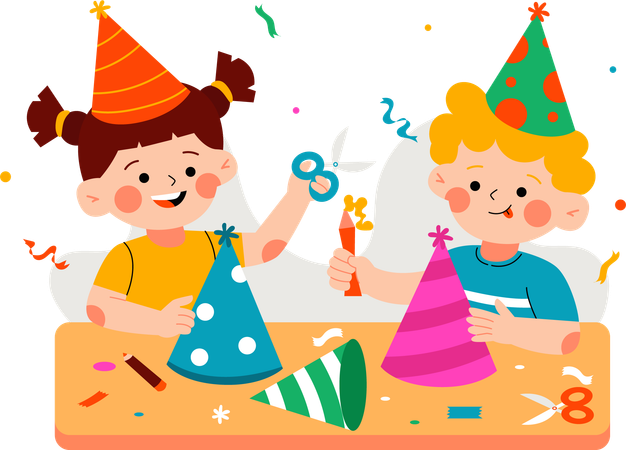 Dos niños haciendo sombreros de fiesta.  Ilustración