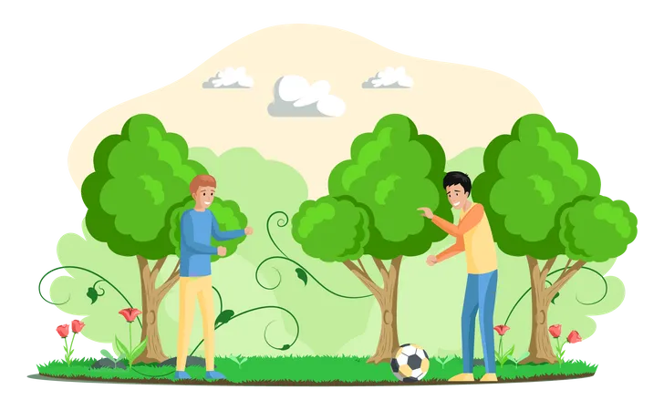 Dos niños jugando al fútbol juntos  Ilustración