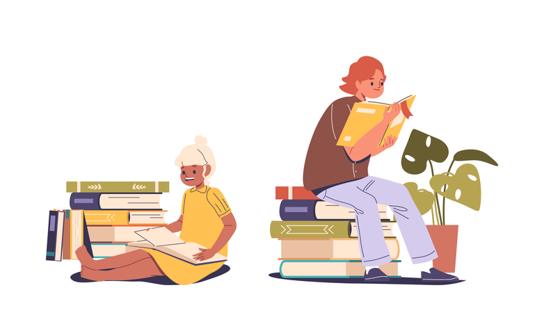 Dos niños leyendo libros en diferentes poses  Ilustración