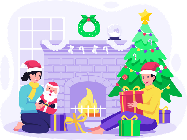 Dos niños pequeños abriendo regalos de Navidad  Ilustración