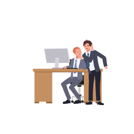 Dos trabajadores de oficina interactúan casualmente mientras uno chismorrea mientras el otro trabaja en su escritorio.  Ilustración