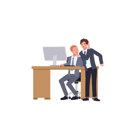 Dos trabajadores de oficina interactúan casualmente mientras uno chismorrea mientras el otro trabaja en su escritorio.  Ilustración