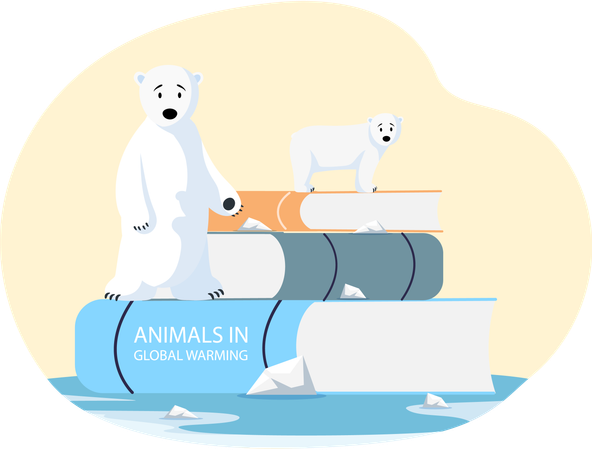 Dos osos polares sobre una pila de libros están muy tristes por el cambio climático.  Illustration