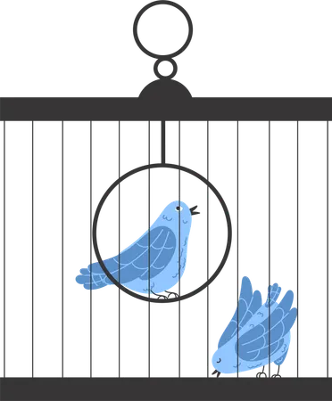 Dos pájaros azules en una jaula de alambre cuadrada  Ilustración