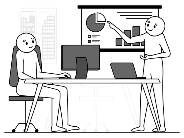 Dos personajes haciendo una reunión fuera de línea.  Ilustración