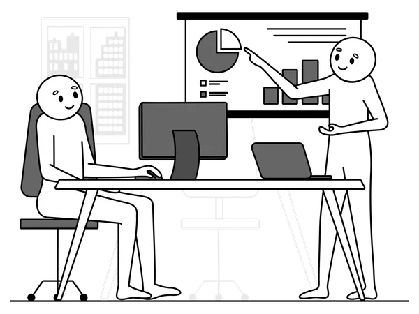 Dos personajes haciendo una reunión fuera de línea.  Ilustración