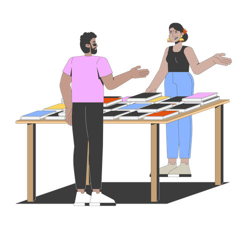Dos personas diversas conversando en la mesa de la feria del libro.  Ilustración