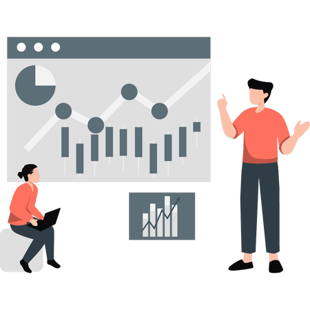 Dos personas hablando de gráfico analítico.  Ilustración