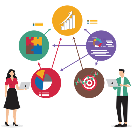 Dos profesionales analizando datos para resolver problemas y encontrar soluciones.  Ilustración