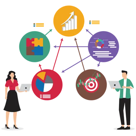 Dos profesionales analizando datos para resolver problemas y encontrar soluciones.  Ilustración