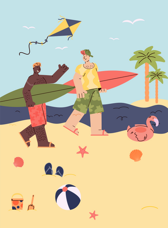 Dos surfistas de vacaciones caminando con tablas de surf  Ilustración