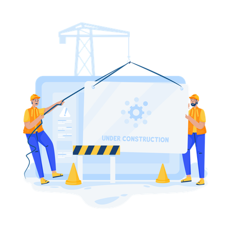 Dos técnicos construyendo sitio web  Ilustración