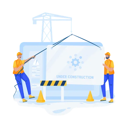 Dos técnicos construyendo sitio web  Ilustración