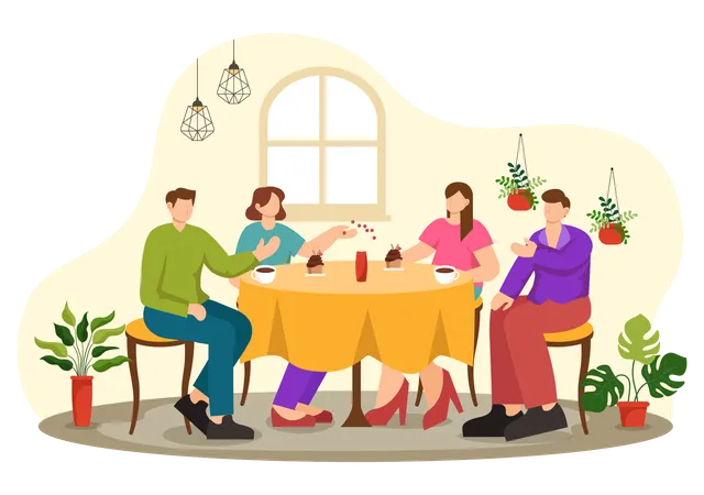Double Date Vector Illustration With Two Couples Who Were Eating And Drinking Together In A Restaurant In Flat Cartoon Background Design Illustration
