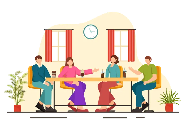 Double Date Vector Illustration With Two Couples Who Were Eating And Drinking Together In A Restaurant In Flat Cartoon Background Design Illustration