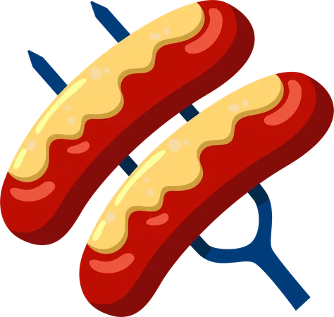 These Vibrant Illustrations Capture Two Hotdogs Drizzled With Mustard Making Them A Tempting Sight The Classic Blue Stick Holders Add A Playful Touch To These Iconic Snack Foods Perfect For Fast Food Advertising Or Menu Visuals イラスト